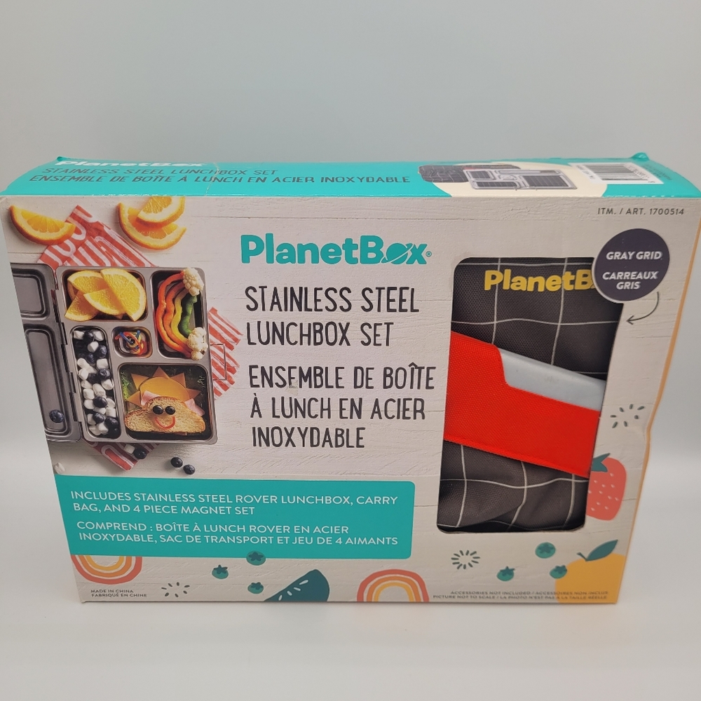 NWT PlanetBox Rover Stainless Steel Lunch Box Set Grey Grid Pattern